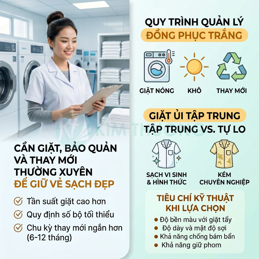 Nhân viên giặt là mặc đồng phục trắng kiểm tra quy trình giặt ủi và bảo quản đồng phục trắng trong tiệm giặt chuyên nghiệp