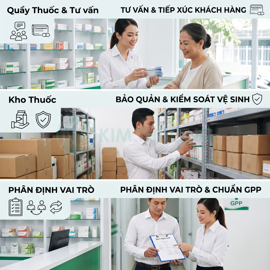 Nhân viên nhà thuốc tư vấn khách hàng, sắp xếp thuốc trong kho và kiểm soát quy trình đạt chuẩn GPP