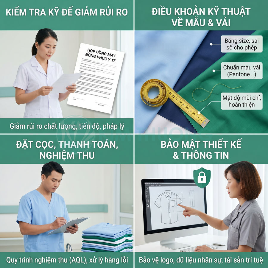 Quy trình may đồng phục y tế chuyên nghiệp với kiểm tra hợp đồng, chọn vải, nghiệm thu và bảo mật thiết kế