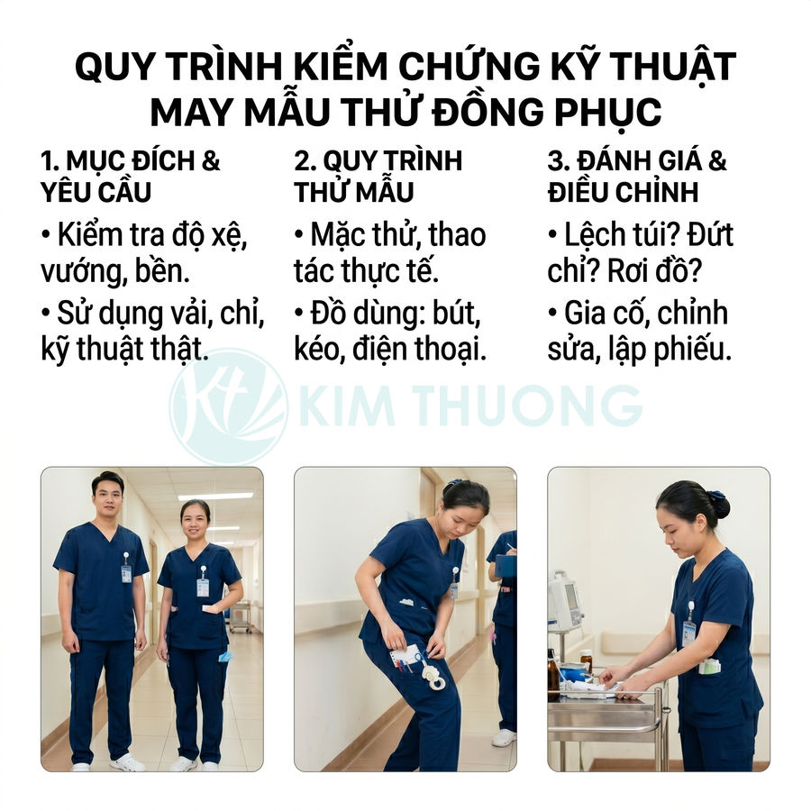 Quy trình kiểm chứng kỹ thuật may mẫu thử đồng phục y tá màu xanh navy của Kim Thương