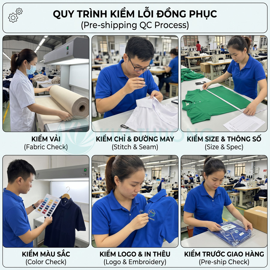 Quy trình kiểm lỗi đồng phục tại xưởng may từ kiểm vải, đường may, size, màu sắc, logo đến đóng gói trước giao hàng