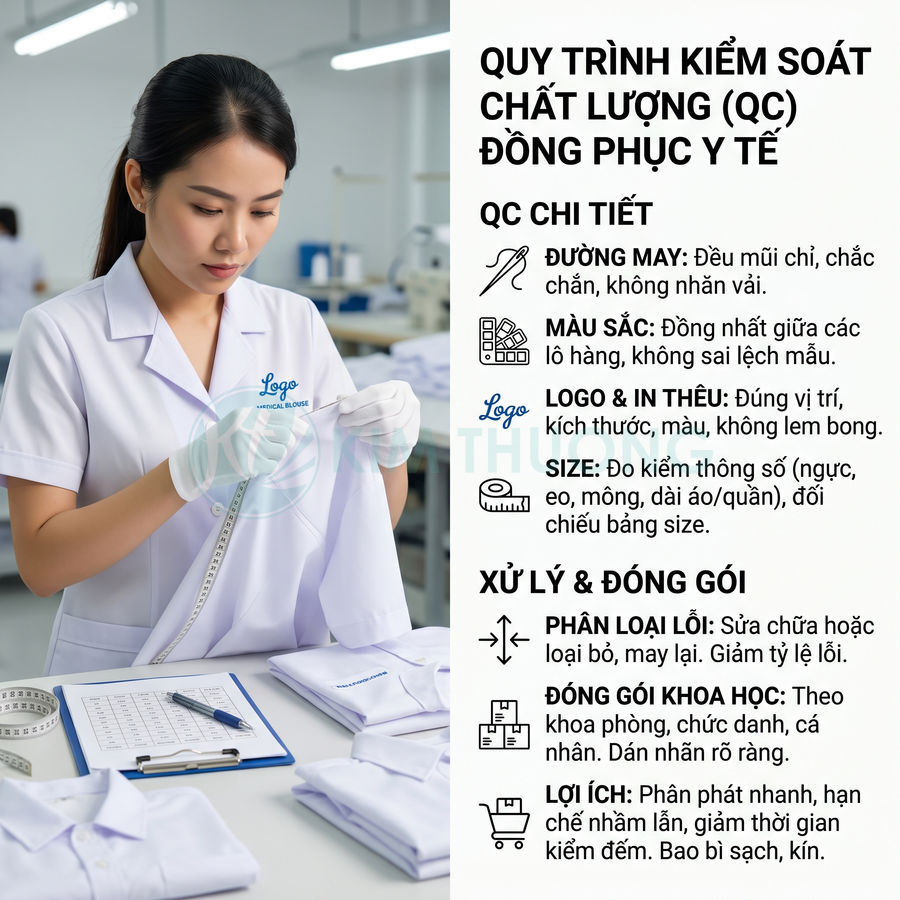 Nhân viên kiểm tra chất lượng áo blouse đồng phục y tế trắng trước khi đóng gói