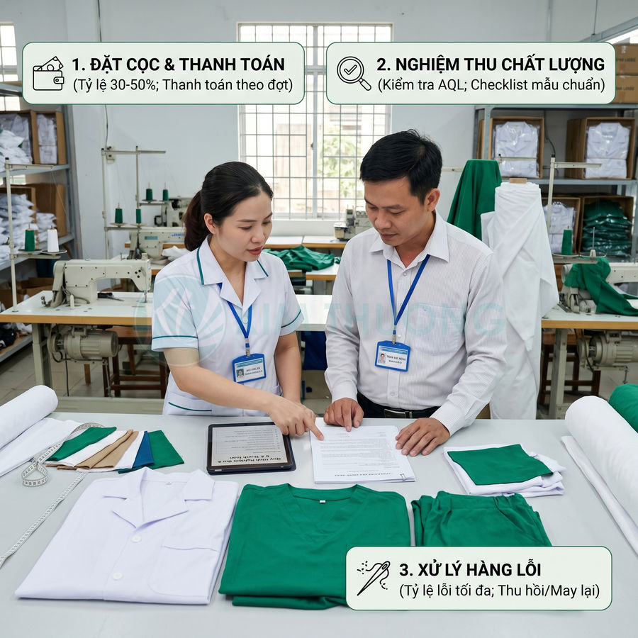 Nhân viên xưởng may tư vấn quy trình đặt may đồng phục với mẫu áo thun và áo sơ mi bày trên bàn