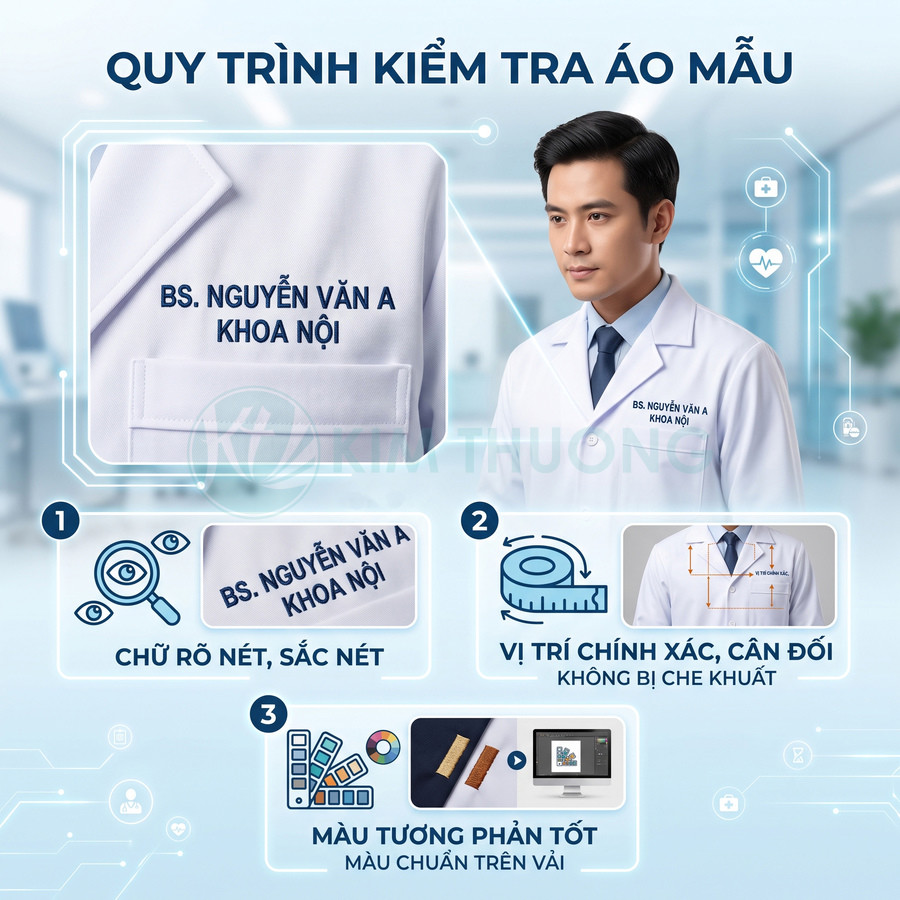 Áo blouse bác sĩ in tên BS Nguyễn Văn A khoa Nội với quy trình kiểm tra chữ in rõ nét, vị trí chuẩn và màu sắc đúng trên vải