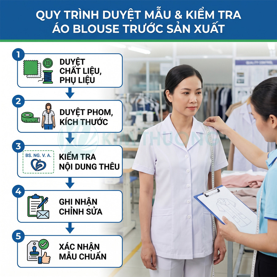 Quy trình kiểm tra và duyệt mẫu áo blouse y tế, nhân viên đo kích thước và ghi nhận chỉnh sửa mẫu