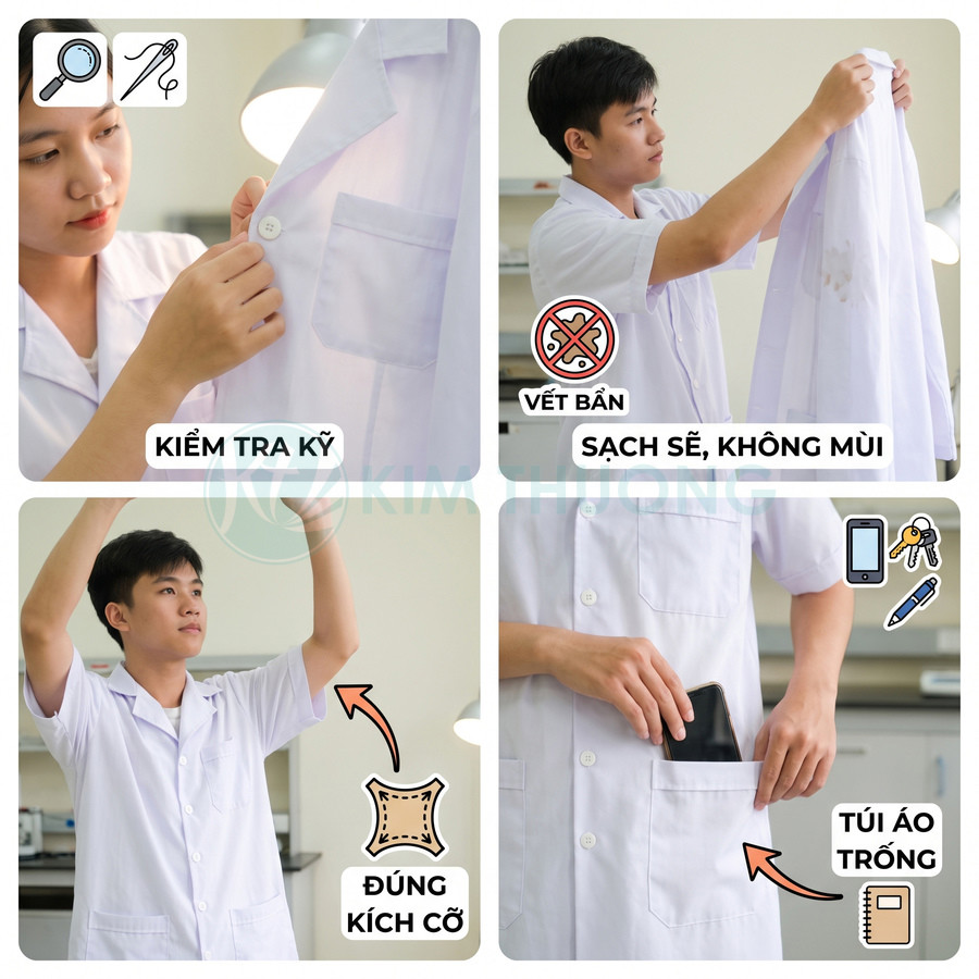 Nhân viên kiểm tra áo blouse trắng sạch, không vết bẩn, đúng kích cỡ và túi áo trống trước khi giao