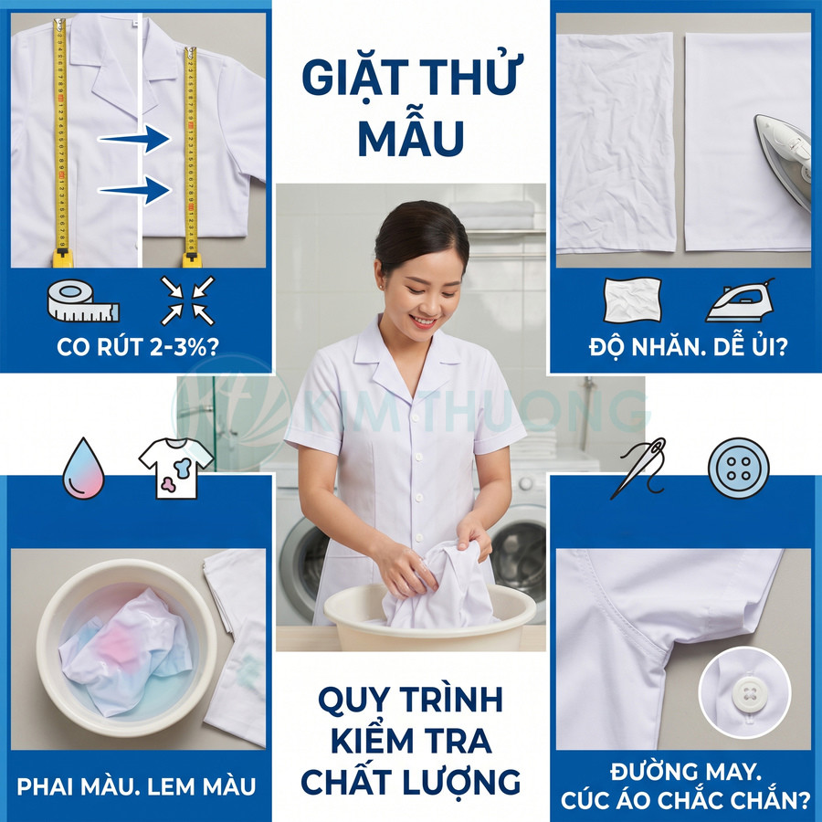 Quy trình giặt thử kiểm tra chất lượng áo đồng phục trắng chống co rút phai màu và độ bền đường may cúc áo