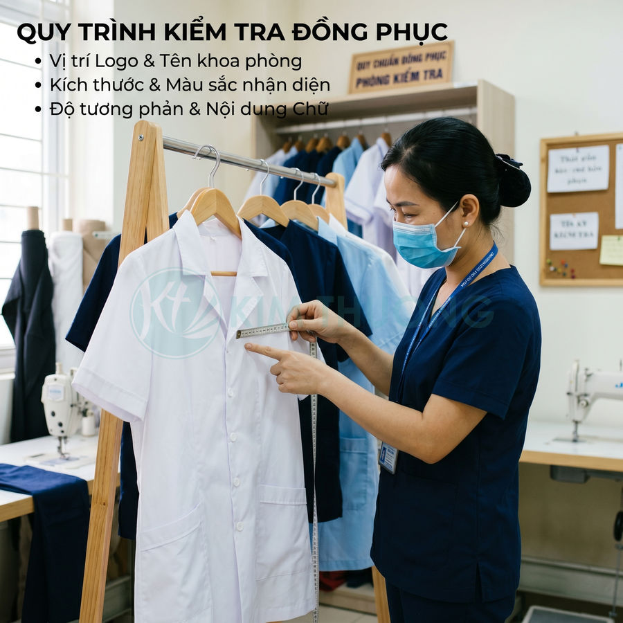 Nhân viên đo kiểm tra kích thước áo blouse trắng treo trên giá trong xưởng may đồng phục y tế