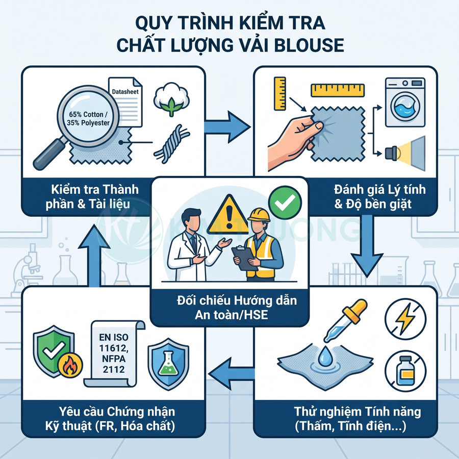 Quy trình kiểm tra chất lượng vải blouse gồm thành phần, độ bền giặt, an toàn, chứng nhận và tính năng vải