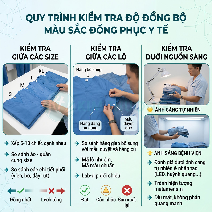 Quy trình kiểm tra độ đồng bộ màu sắc đồng phục y tế xanh giữa các size và các lô dưới nhiều nguồn sáng