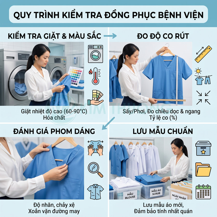 Quy trình kiểm tra chất lượng đồng phục bệnh viện màu xanh và trắng trong phòng giặt là