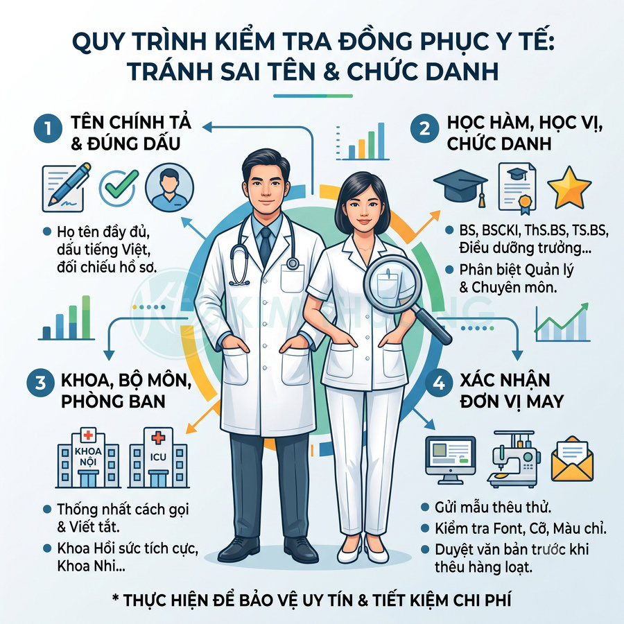 Quy trình kiểm tra in tên và chức danh trên đồng phục y tế cho bác sĩ và điều dưỡng