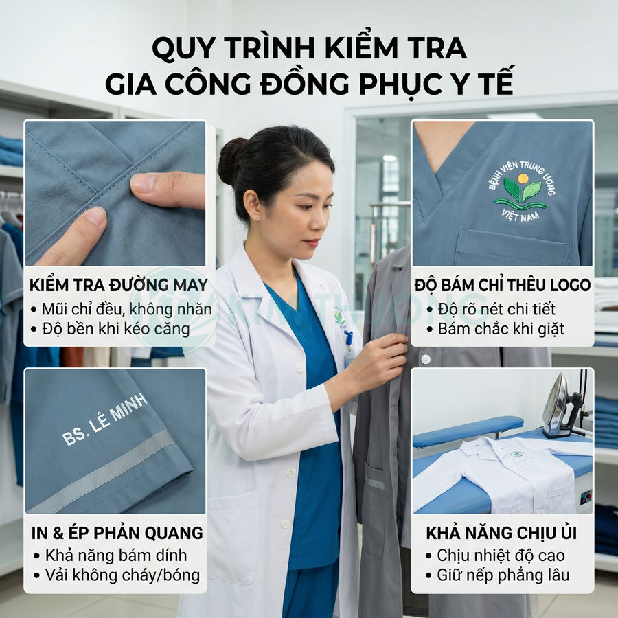 Quy trình kiểm tra gia công đồng phục y tế với bác sĩ kiểm tra áo blouse, đường may, logo thêu và khả năng chịu ủi