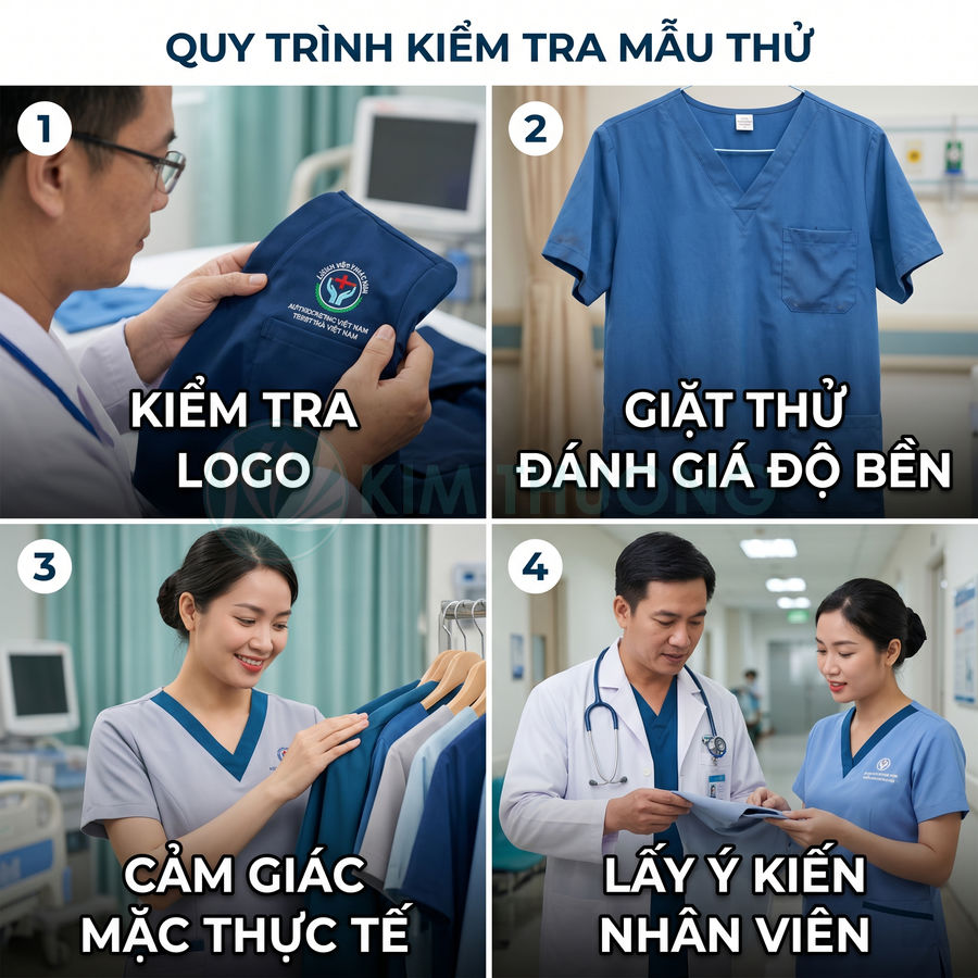 Quy trình kiểm tra mẫu đồng phục y tế với bác sĩ và y tá đánh giá logo, độ bền vải và cảm giác mặc