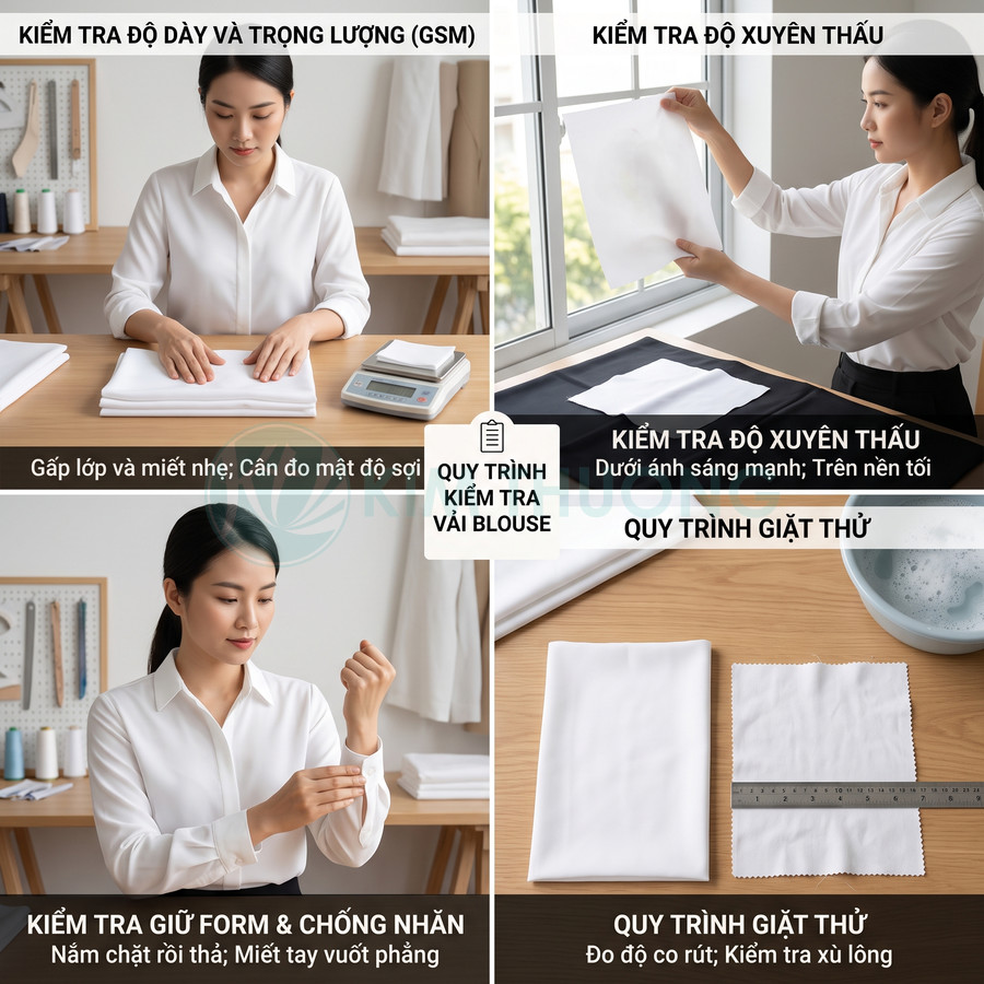 Quy trình kiểm tra chất lượng vải blouse trắng gồm đo độ dày, độ xuyên thấu, giữ form và giặt thử