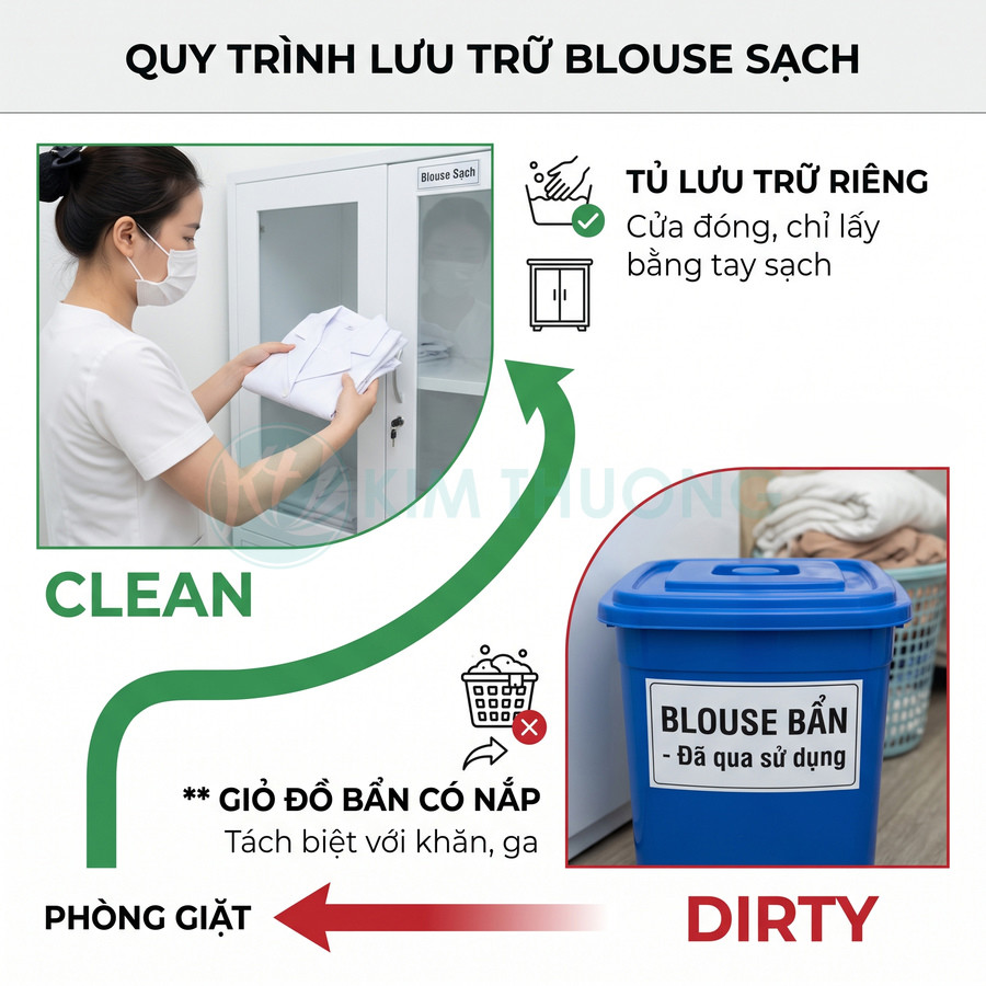 Quy trình lưu trữ áo blouse sạch và áo blouse bẩn trong tủ riêng và thùng rác có nắp
