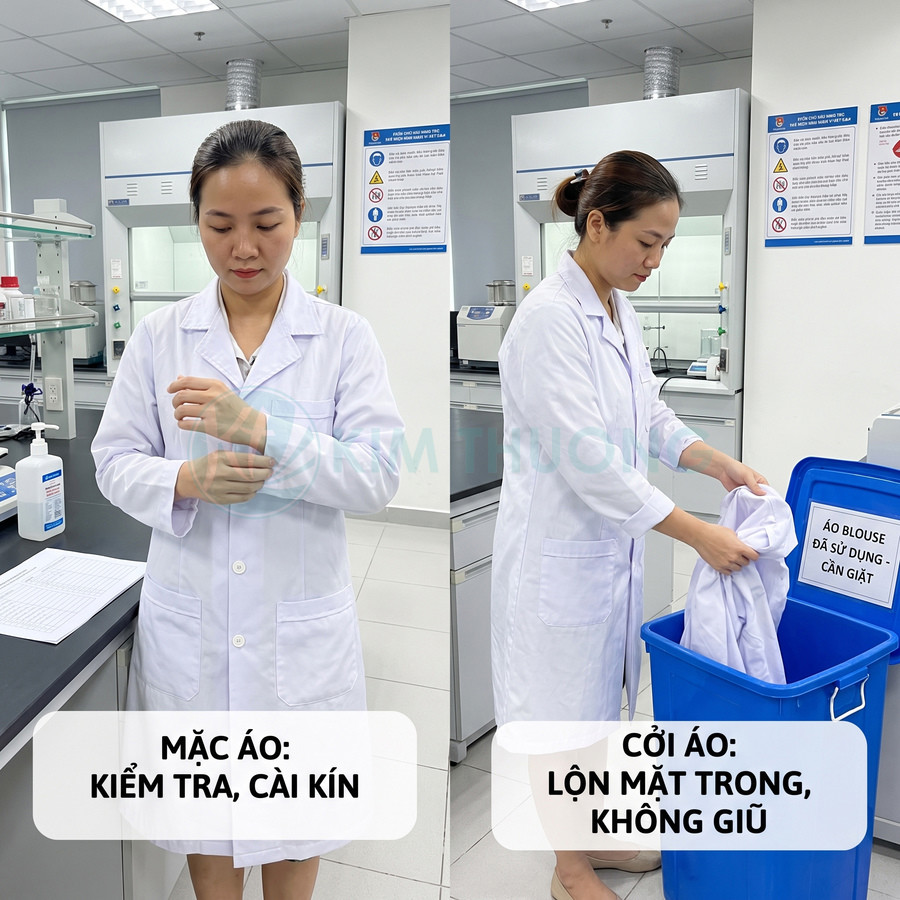 Nhân viên phòng thí nghiệm mặc áo blouse trắng và cho áo đã sử dụng vào thùng giặt riêng biệt