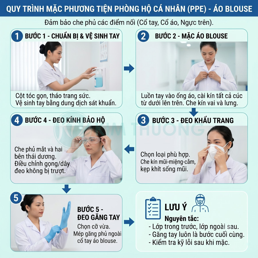 Quy trình nhân viên y tế mặc áo blouse, đeo khẩu trang, kính bảo hộ và găng tay đúng chuẩn PPE