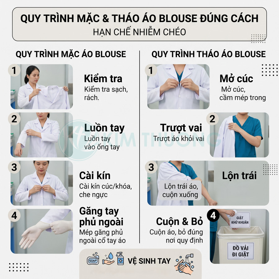 Hướng dẫn quy trình mặc và tháo áo blouse y tế đúng cách để hạn chế nhiễm chéo
