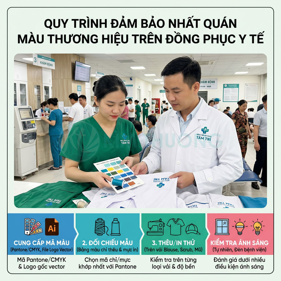 Nhân viên y tế bệnh viện Tâm Trí kiểm tra bảng màu Pantone để đảm bảo màu logo trên đồng phục y tế
