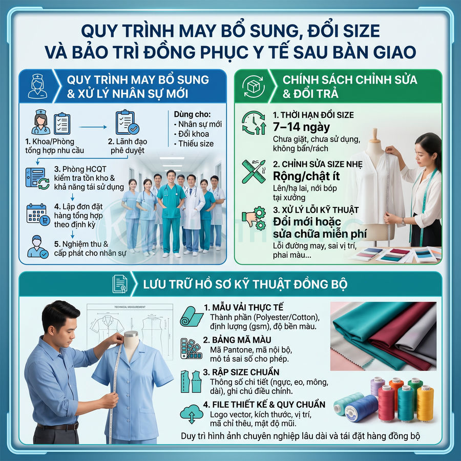 Quy trình may bổ sung đổi size và bảo trì đồng phục y tế chuyên nghiệp cho bệnh viện và phòng khám