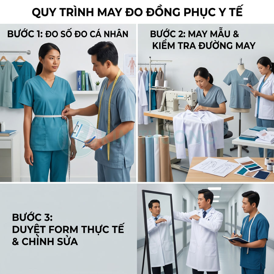 Quy trình may đo đồng phục y tế từ đo số đo, may mẫu, kiểm tra đường may đến duyệt form và chỉnh sửa