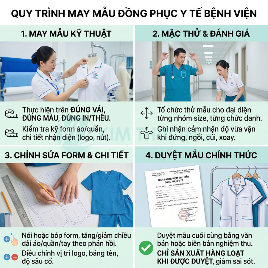Quy trình thiết kế và duyệt mẫu đồng phục y tế bệnh viện với áo quần bác sĩ màu trắng và xanh