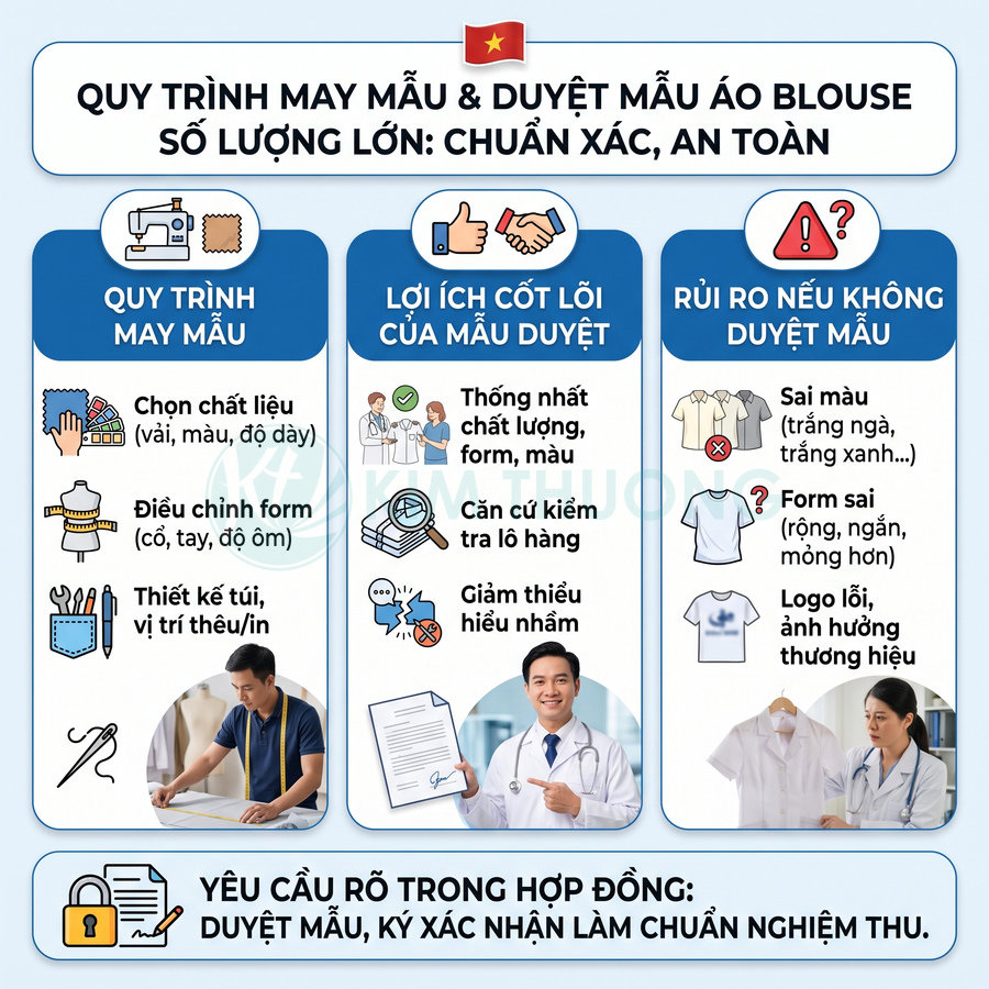 Quy trình may mẫu và duyệt mẫu áo blouse số lượng lớn, chọn chất liệu, chỉnh form và xác nhận mẫu trong hợp đồng