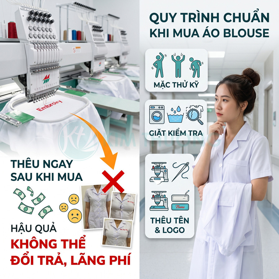 Quy trình chuẩn mua áo blouse y tế, thử mặc giặt kiểm tra rồi mới thêu tên và logo tránh lãng phí
