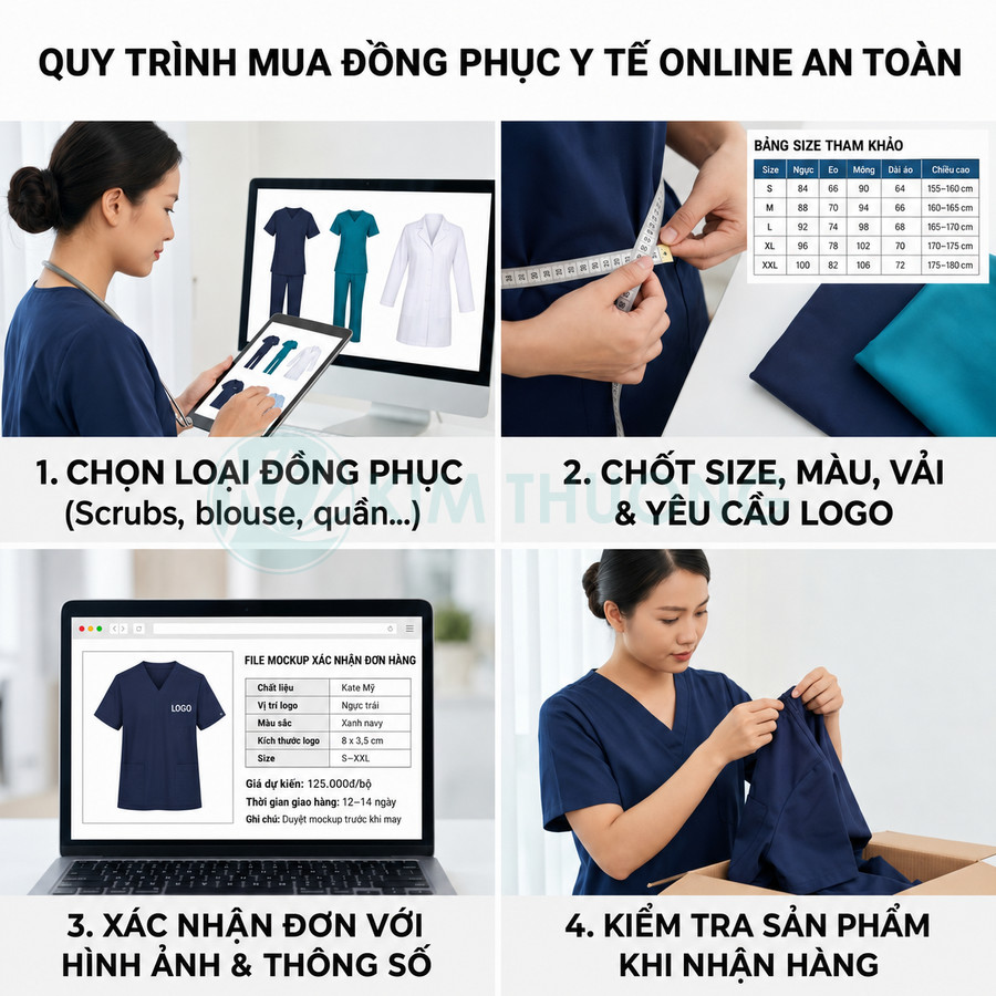Quy trình mua đồng phục y tế online an toàn từ chọn mẫu, chốt size màu vải đến xác nhận đơn và kiểm tra sản phẩm