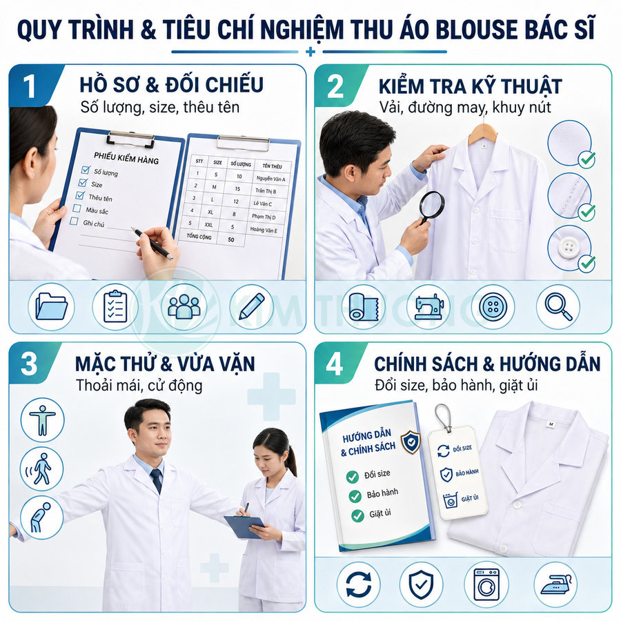 Quy trình kiểm tra và thử áo blouse bác sĩ trắng, nhân viên y tế ghi chép và đánh giá chất lượng