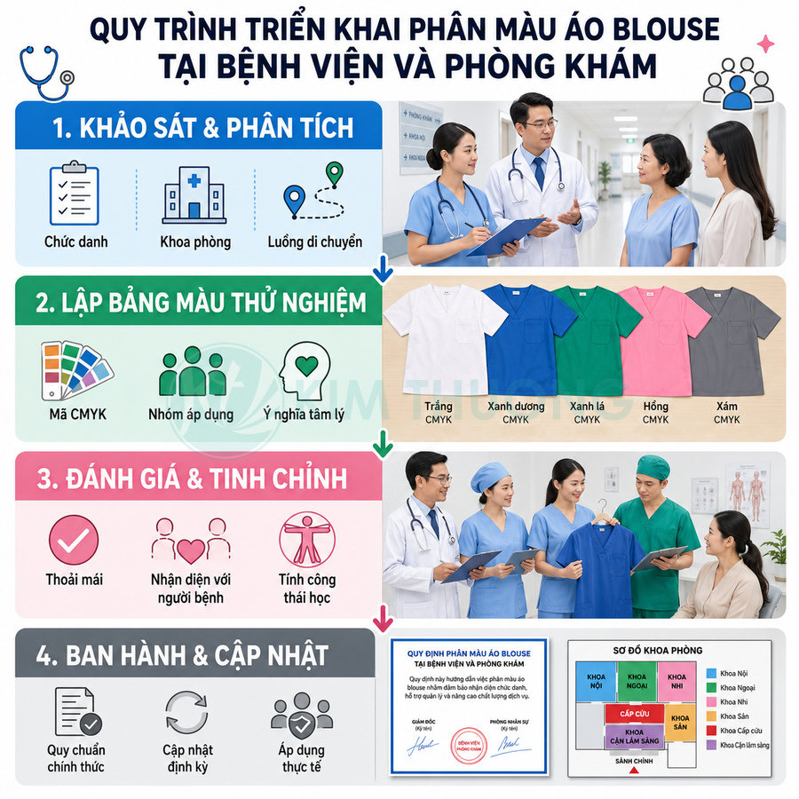 Quy trình triển khai phân màu áo blouse bệnh viện với mẫu áo trắng xanh dương xanh lá hồng xám cho từng khoa phòng