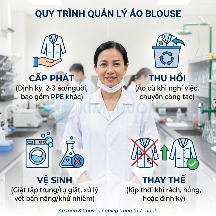 Quy trình quản lý áo blouse phòng thí nghiệm với nhân viên y tế mặc áo blouse trắng đứng giữa