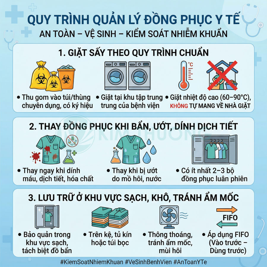 Quy trình quản lý và vệ sinh đồng phục y tế an toàn, kiểm soát nhiễm khuẩn trong bệnh viện