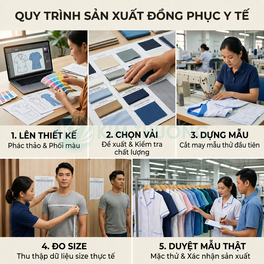 Quy trình thiết kế đo may và duyệt mẫu đồng phục y tế chuyên nghiệp trong xưởng may