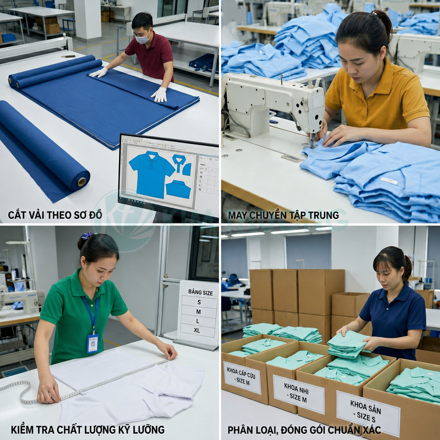 Quy trình sản xuất áo thun đồng phục từ cắt vải, may, kiểm tra chất lượng đến phân loại đóng gói