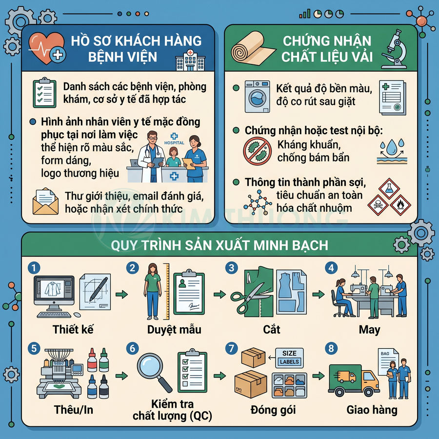 Infographic quy trình sản xuất đồng phục y tế minh bạch với chứng nhận chất liệu vải và kiểm tra chất lượng