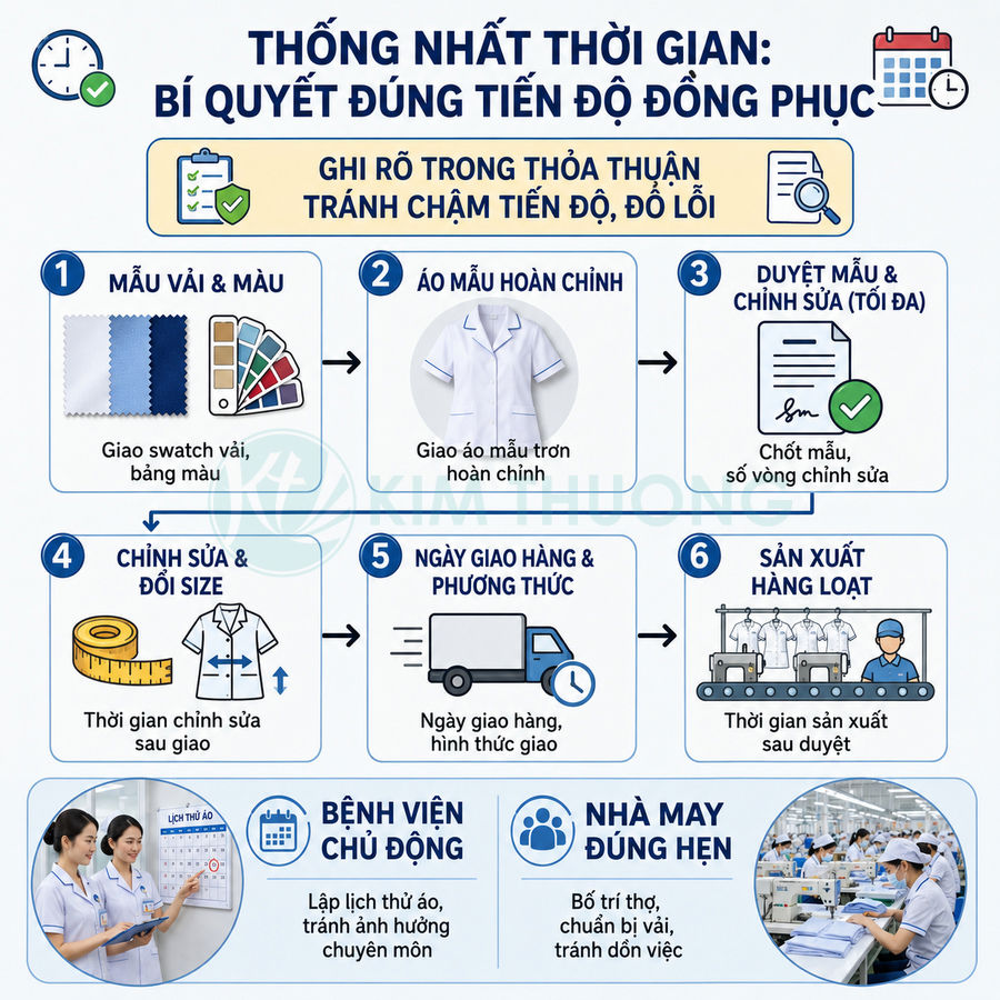 Quy trình may đồng phục y tá bệnh viện từ chọn mẫu vải, áo mẫu, duyệt mẫu đến sản xuất hàng loạt trong xưởng may