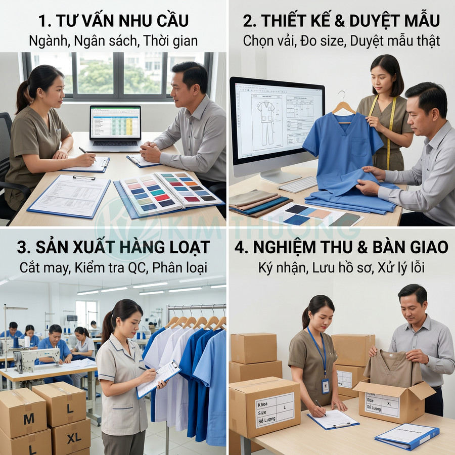 Quy trình tư vấn, thiết kế, sản xuất và bàn giao đồng phục công ty tại xưởng may chuyên nghiệp