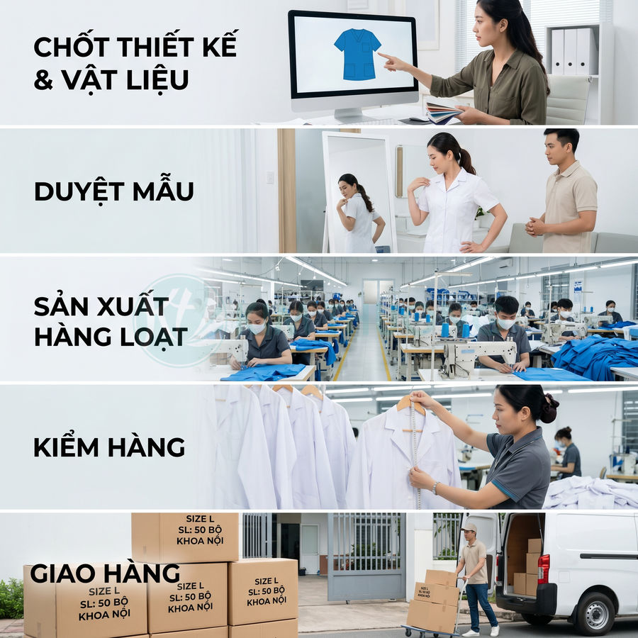 Quy trình sản xuất đồng phục y tế từ thiết kế, duyệt mẫu, may hàng loạt đến kiểm hàng và giao hàng