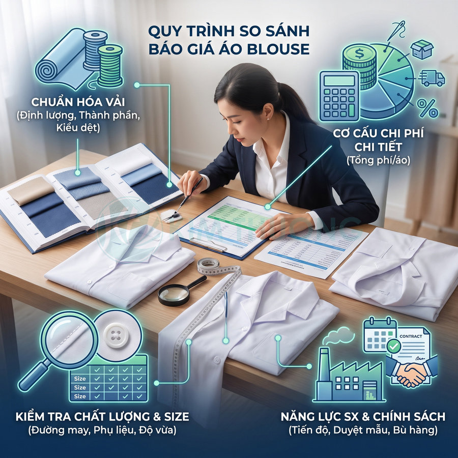 Quy trình so sánh báo giá áo blouse qua mẫu vải, bảng chi phí và kiểm tra chất lượng, kích cỡ конусан