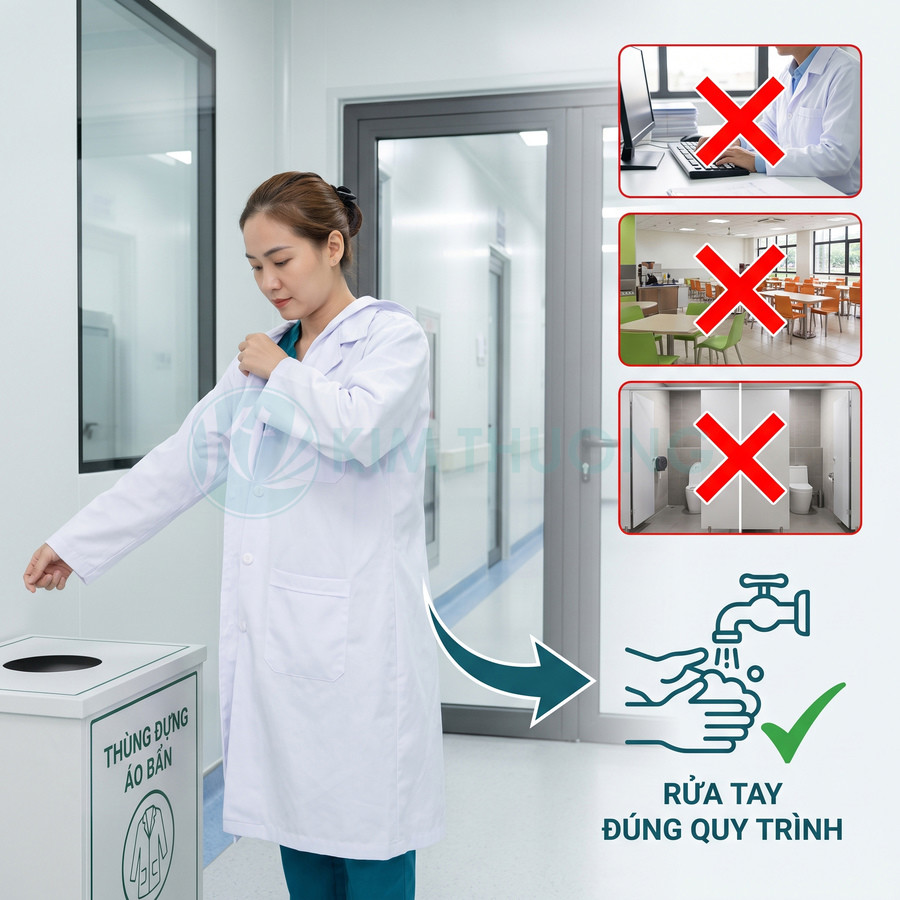Nhân viên y tế bỏ áo blouse vào thùng đồ bẩn và rửa tay đúng quy trình