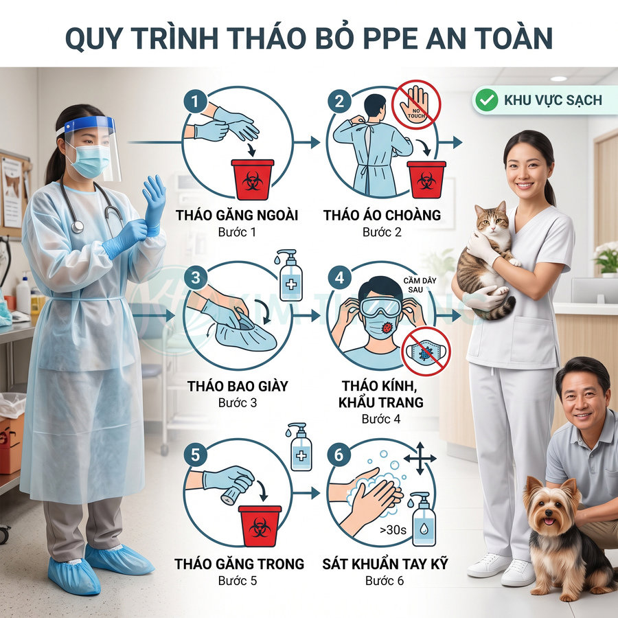 Quy trình tháo bỏ đồ bảo hộ PPE an toàn cho nhân viên thú y với hình minh họa từng bước