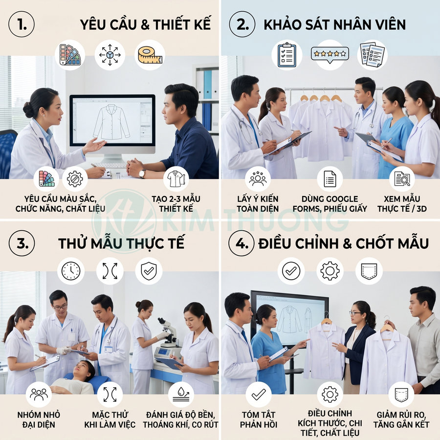 Quy trình thiết kế và thử mẫu áo blouse bác sĩ cho bệnh viện, nhân viên y tế tham gia góp ý và đánh giá