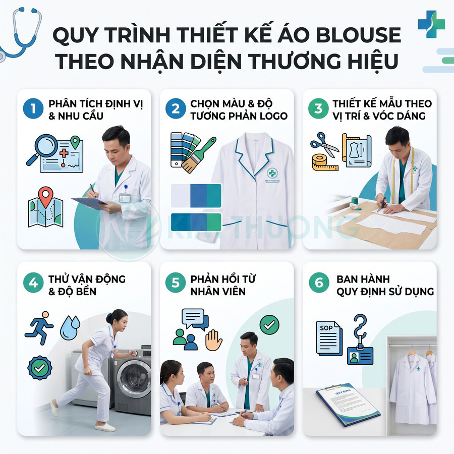 Quy trình thiết kế áo blouse y tế theo nhận diện thương hiệu với bác sĩ và mẫu áo trắng viền xanh