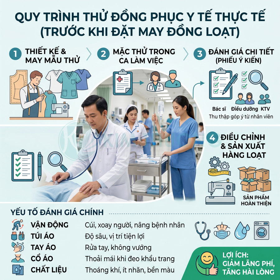 Quy trình thử và may đồng phục y tế cho bác sĩ điều dưỡng trong bệnh viện trước khi sản xuất hàng loạt