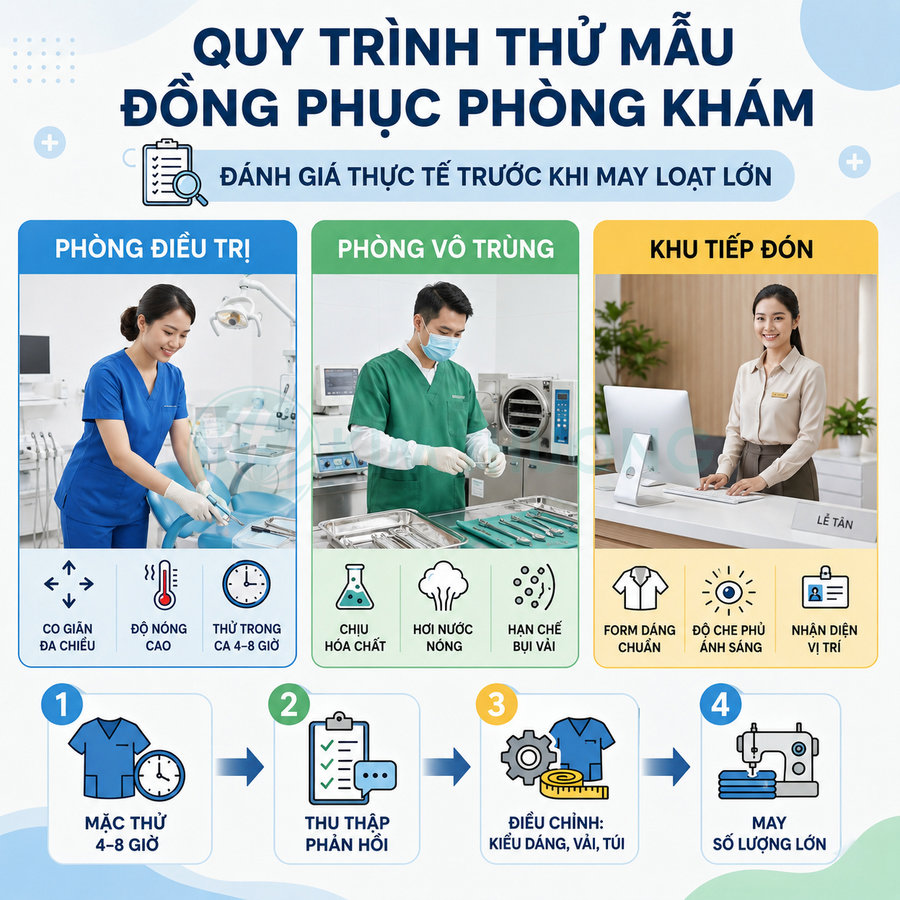 Quy trình thử mẫu đồng phục phòng khám với nhân viên điều trị, vô trùng và lễ tân mặc đồng phục chuyên nghiệp