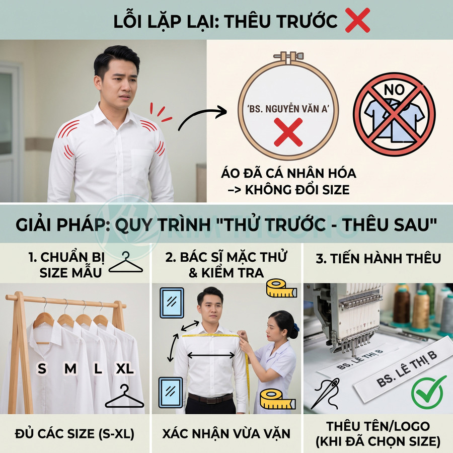 Quy trình may áo sơ mi đồng phục bác sĩ thử trước thêu sau với đủ size và thêu tên cá nhân hóa