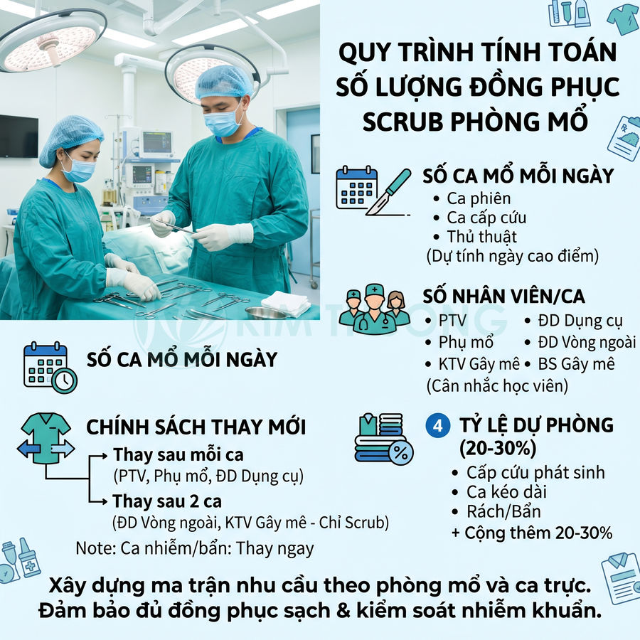 Quy trình tính số lượng đồng phục scrub phòng mổ với bác sĩ phẫu thuật mặc đồ bảo hộ màu xanh