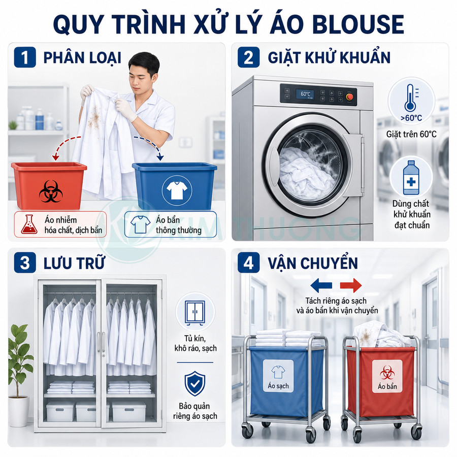 Quy trình xử lý áo blouse y tế từ phân loại, giặt khử khuẩn, lưu trữ đến vận chuyển áo sạch riêng áo bẩn
